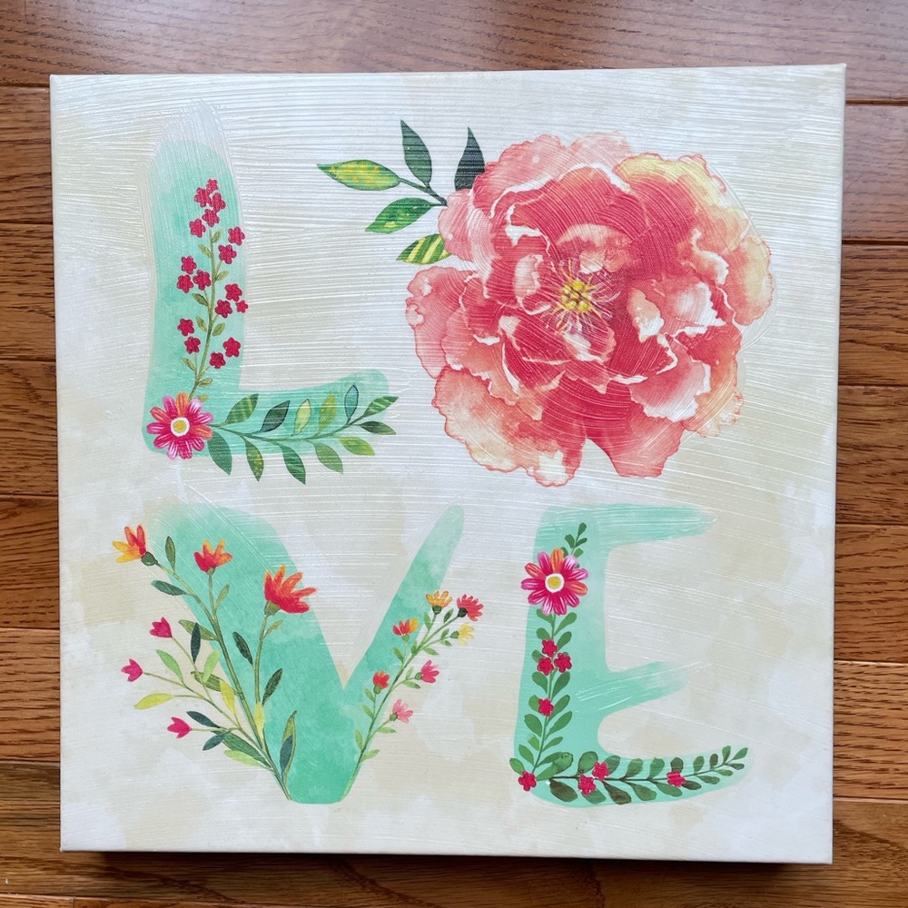 Cute Girls Room Decor, Love Design, Cream/Pink/Green, 12”x12”